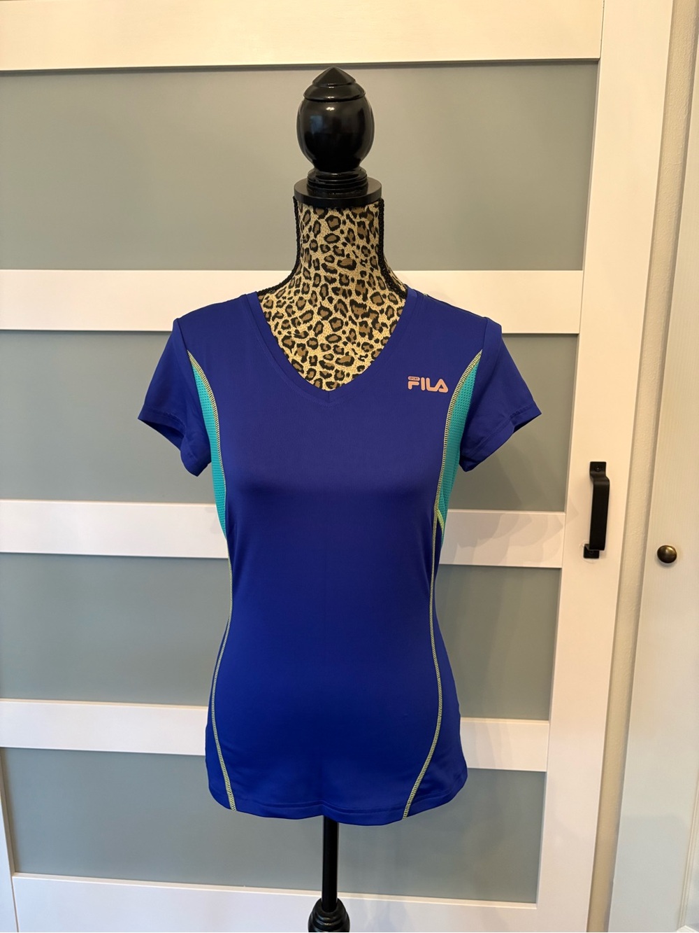 FILA Women's Royal Blue V-Neck Tee with Teal Side Panels